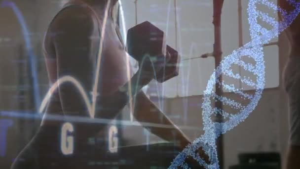 모니터와 아령과 Dna 나선을 올리는 여자의 디지털 — 비디오