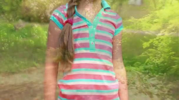 Digital Composite Trees Forest Little Caucasian Girl Smiling Park — Stock Video