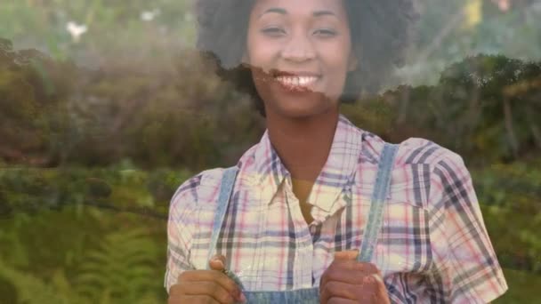 一个非洲裔美国年轻女子微笑和公园充满了树木背景的数字合成 — 图库视频影像