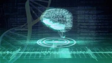Arka planda program kodları ile beyin ve Dna sarlisinin dijital animasyonu