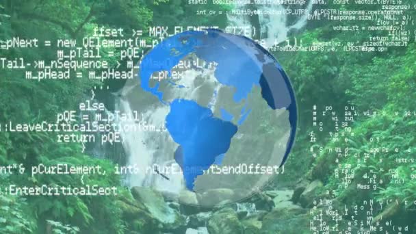 Digitale Composiet Van Een Natuurlijke Watervallen Roterende Globe Met Computercodes — Stockvideo