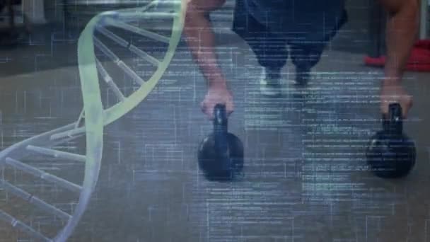 Digitales Zusammenspiel Von Menschen Die Liegestütze Neben Dna Helix Machen — Stockvideo