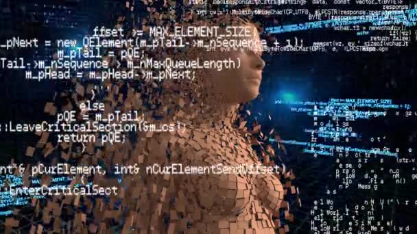 Digital Animation Kvinna Med Splittrande Hud Och Programkoder Som Körs — Stockvideo