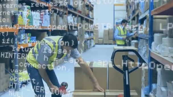 Compuesto Digital Trabajador Almacén Caucásico Masculino Sellando Paquete Códigos Programa — Vídeo de stock