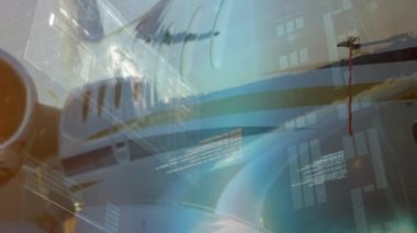 Bir uçağın ve etiketli dünya haritasına sahip bir ekranın dijital bileşimi