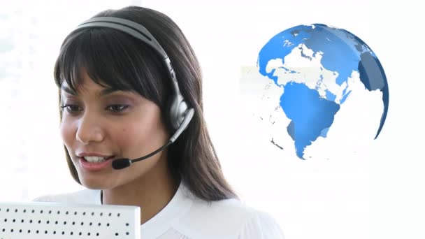 Digital Composite Indian Call Centre Agent Digital Rotating Globe Her — Stock Video