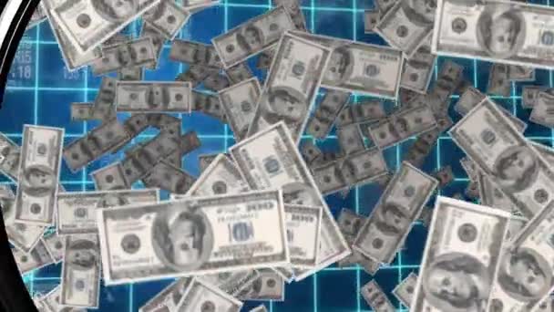 Cyfrowa Animacja Spadku Rachunków Dolara Przed Wykresem Znajdują Się Wewnątrz — Wideo stockowe