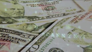 Kağıt faturaları bir arka plan ile ekranda hareket eden ikili kodlarıdijital animasyon