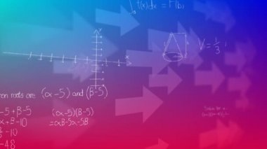 Renkli bir arka plan aleyhine ekranda hareket eden oklar ve matematiksel denklemlerin dijital olarak oluşturulmuş animasyonu