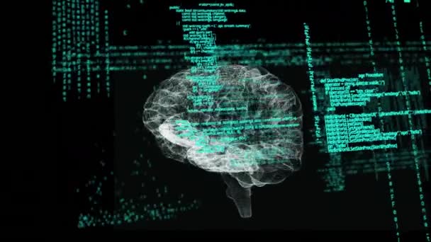 プログラムコードが画面内を移動しながら回転するデジタル脳のデジタル生成アニメーション — ストック動画