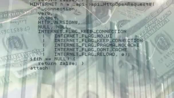 백그라운드에서 지폐와 화면을 프로그램 코드와 그래프의 디지털 애니메이션 — 비디오