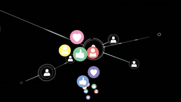 Animation générée numériquement des icônes des médias sociaux se déplaçant vers le haut de l'écran et l'arrière-plan montre les icônes de profil connectés par des lignes asymétriques .