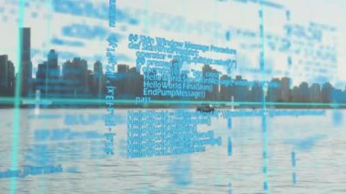 Şehir ve göl arka plan ile program kodları dijital animasyon