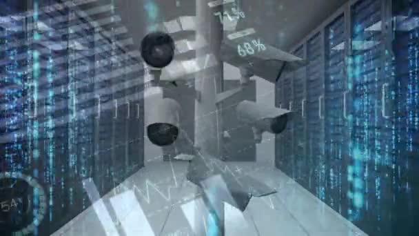 监控摄像机在发光服务器塔的走廊中移动的数字动画 在前景中移动的图形 — 图库视频影像