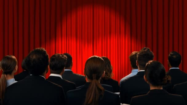 Digital Animation Red Curtains Opening While Business People Watches — Stock Video