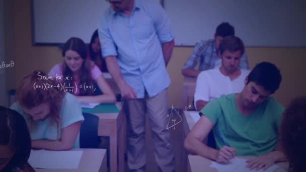 Digital Composite Caucasian Teacher Walking Classroom While Diverse Students Concentrating — Stock Video