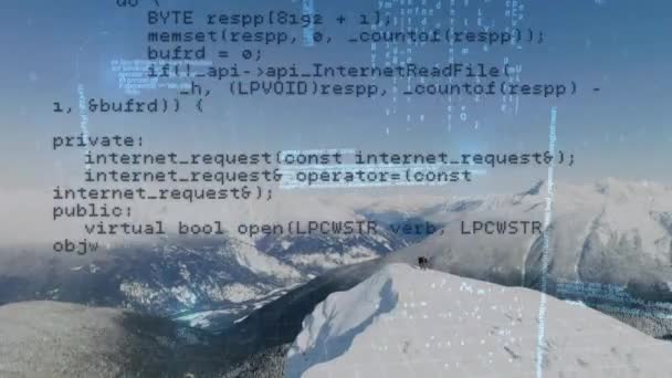 Animação Digital Códigos Programa Movimento Tela Enquanto Fundo Mostra Montanhas — Vídeo de Stock
