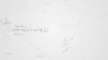 Beyaz arka plan aleyhine ekranda hareket eden matematiksel denklemler ve asimetrik çizgilerin dijital animasyonu