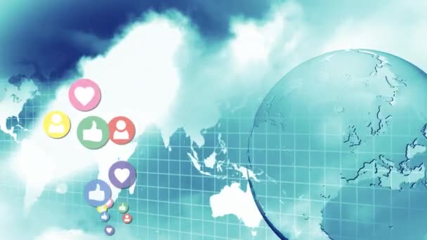 Цифрова Анімація Піктограм Соціальних Мереж Рухаються Вгору Екрані Картою Світу — стокове відео
