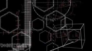 Siyah bir arka plan aleyhine ekranda hareket eden matematiksel denklemler ve figürlerin dijital animasyonu