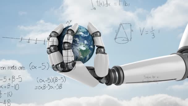 Digital Composite Robotic Hand Holding Globe While Mathematical Equations Move — Stock Video