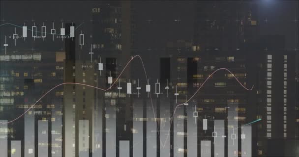 屏幕中移动的不同图形的数字动画 背景是城市 高楼大厦 — 图库视频影像