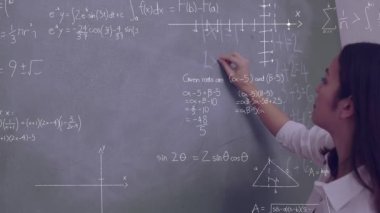 Matematiksel denklemler ekranda hareket ederken bir tebeşir tahtası üzerinde yazan beyaz bir kadının dijital kompozit