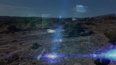 Arka plan çorak bir alanı gösterirken program kodlarının ekranda hareket eden dijital animasyonu.