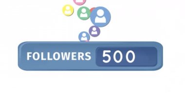 Takipçileri dijital animasyon ekran 4k yukarı hareket artan sayılar ve sosyal medya simgeleri ile sayaç