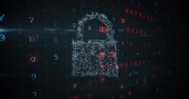 Işıktan yapılmış bir asma kilidin ve 4k kodlarla dolu bir ızgaranın dijital animasyonu
