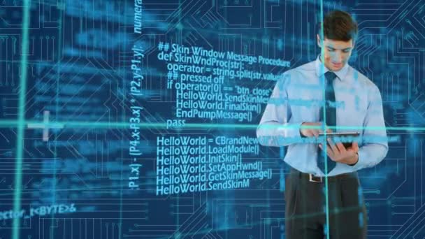 Digital Composite Caucasian Businessman Using Digital Tablet While Program Codes — Stock Video