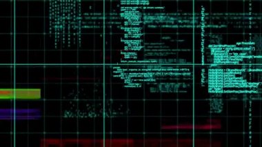 Renkli aksaklıklarla ekranda hareket eden program kodlarının dijital olarak oluşturulmuş animasyonu