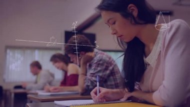 Matematiksel denklemler ekranda hareket ederken farklı öğrencilerin eğitim dijital kompozit