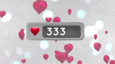 Arka plan kadar yüzen kalpleri ve bokeh ışıkları gösterirken artan sayıda bir kalp simgesi çubuğudijital olarak oluşturulan animasyon