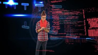 Bir çift sarlis üretmek için arka planda program kodları ve baz eşleştirme ile bir tablet kullanarak kafkas bir kadının dijital kompozit