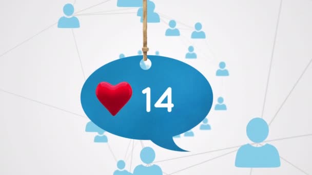 Digital Generierte Animation Eines Nachrichtenblasensymbols Mit Herz Und Steigender Zahl — Stockvideo