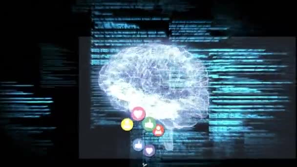 Digital Animation Digital Brain Rotating While Social Media Icons Program — Stock Video