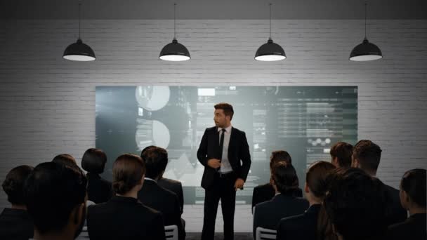 Digital Composite Caucasian Businessman Presenting Graphs Diverse Colleagues Room Lcd — Stock Video