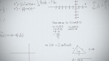 Ekranda beyaz bir arka plan aleyhine görünen matematiksel denklemlerin dijital olarak oluşturulmuş animasyonu