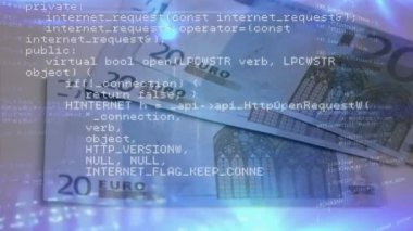 Euro kağıt faturaları bir arka plan ile ekranda hareket program kodları dijital animasyon