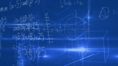 Mavi bir arka plan aleyhine ekranda hareket matematiksel sorular ve rakamlar dijital animasyon