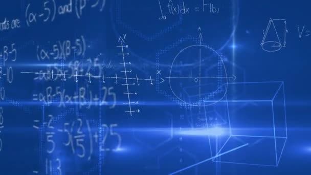 Animation numérique de questions mathématiques et de figures se déplaçant à l'écran sur fond bleu 