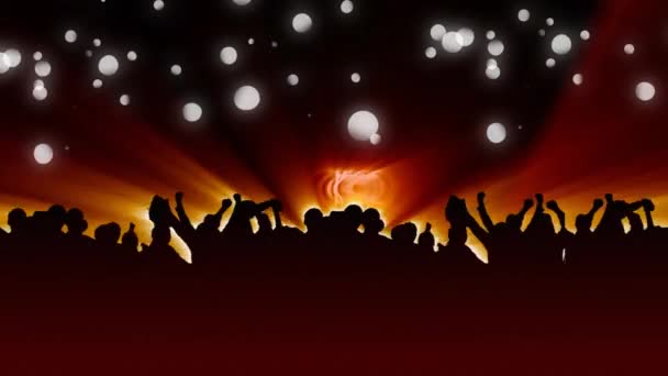 Digitally Generated Animation Bokeh Lights Moving Screen While Silhouette Crowd — Stock Video