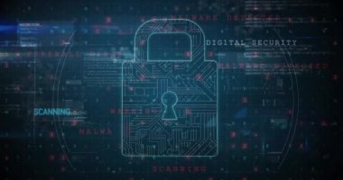 Arka planda bir asma kilit ve kodları 4k şeklinde bir devre kartı dijital animasyon