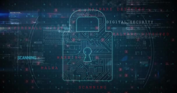 Animation numérique d'un circuit imprimé en forme de cadenas et de codes en arrière-plan 4k 