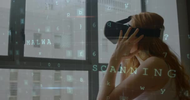 Digital Composite Caucasian Woman Wearing Virtual Reality Headset Digital Codes — Stock Video