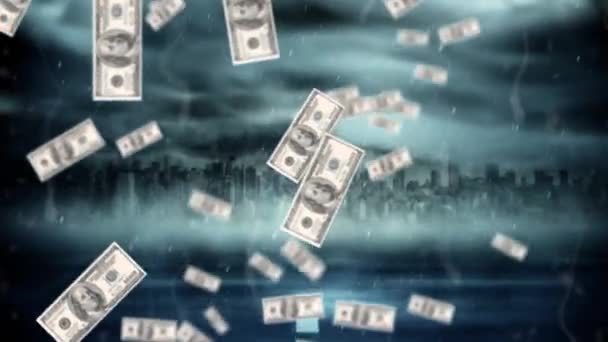 Düşen Dolar Banknotlarının Dijital Bileşimi Hortumla Şiddetli Fırtına — Stok video