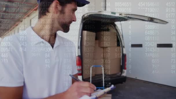 Close Deliveryman Van Writing Clipboard Gives Thumbs — Stock Video