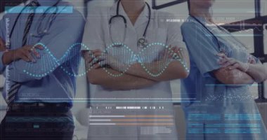 Ön planda çalışan istatistikleri ile kolları çapraz ve Dna sarlis ile hemşire ve doktorlar oluşan bir sağlık ekibinin dijital kompozit 4k