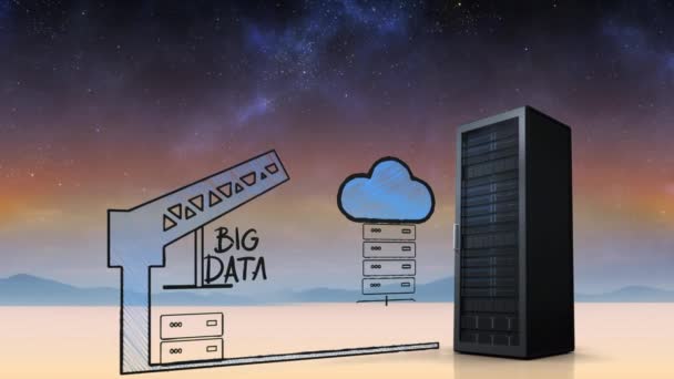 Composito Digitale Server Tower Illustrazione Cloud Storage Sotto Cielo Stellato — Video Stock